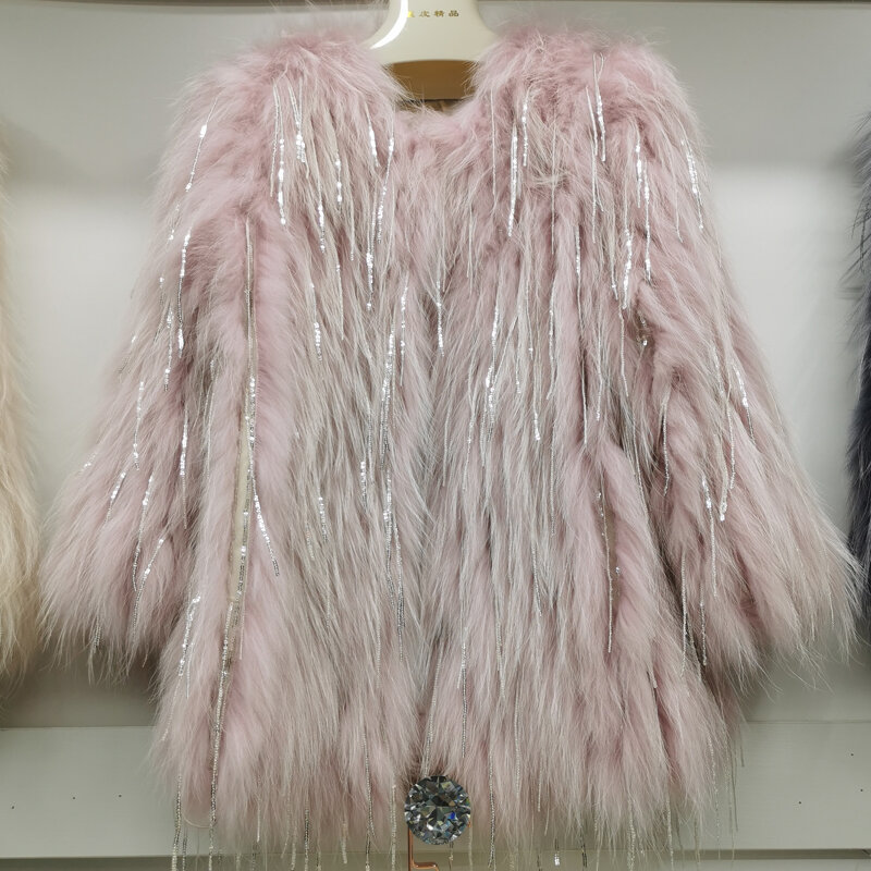 長さ70センチメートルリアルファーコート女性ニットリアルキツネの毛皮のコート新ファッションstlye女性のコートのアライグマの毛皮織フリンジコート
