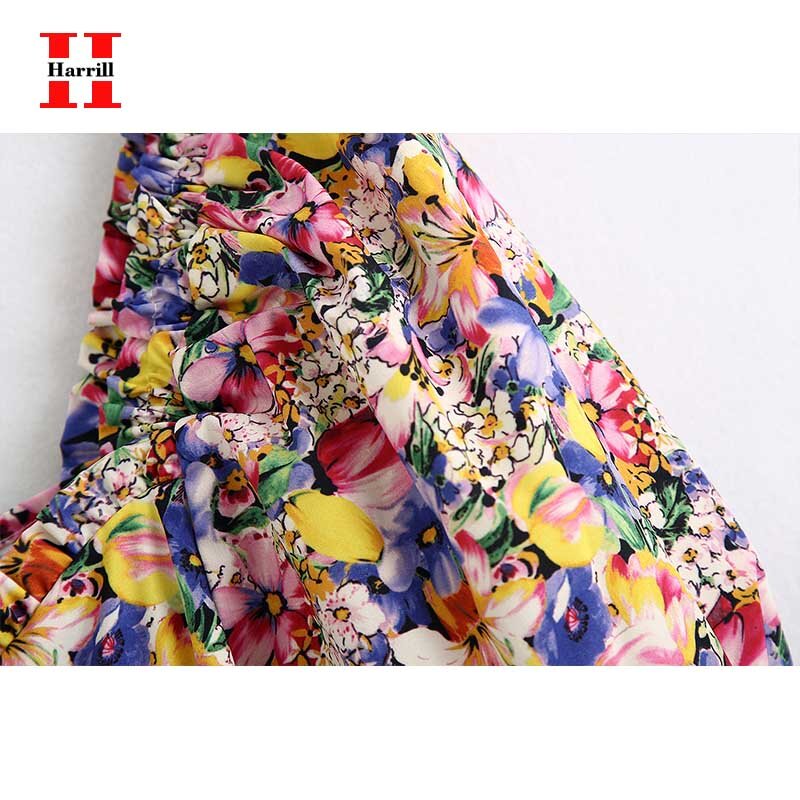 Женская блузка с открытой спиной, с v-образным вырезом и цветочным принтом, укороченный топ, женские летние блузки с пышными рукавами, улична...