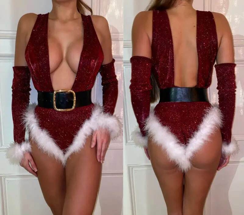 Bkld-クリスマスパーティー用のセクシーなワンピースの衣装,Vネック,フェザー,ベルト付きの女性の服