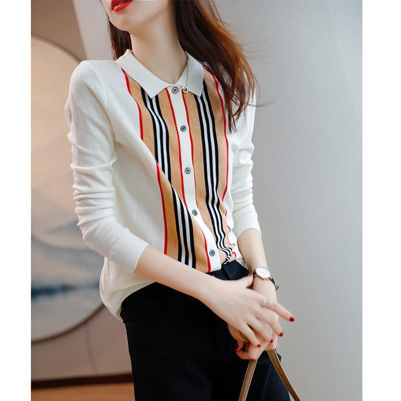 Camisa feminina europeia slim, camisa de malha com listras verticais e de cor correspondente ao outono de 2020