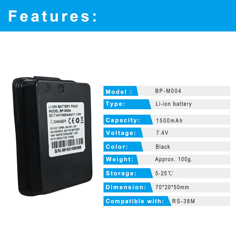 Batterie Li-ion rechargeable pour talkie-walkie RS-38M, 7.4V, 1500mAh, pour Radio bidirectionnelle Marine, RS-38M