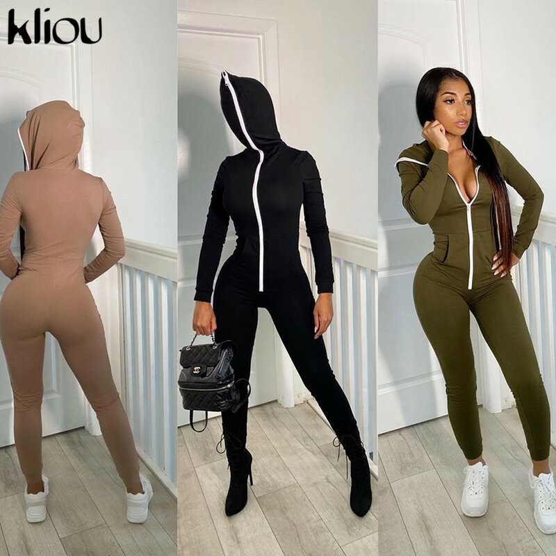 Kliou Solid Zipper Hoodie Jumpsuits Women 2020 Autumn New Slim Casual Skinny Streetwear Active Fitness Sporty Work Out Rompers