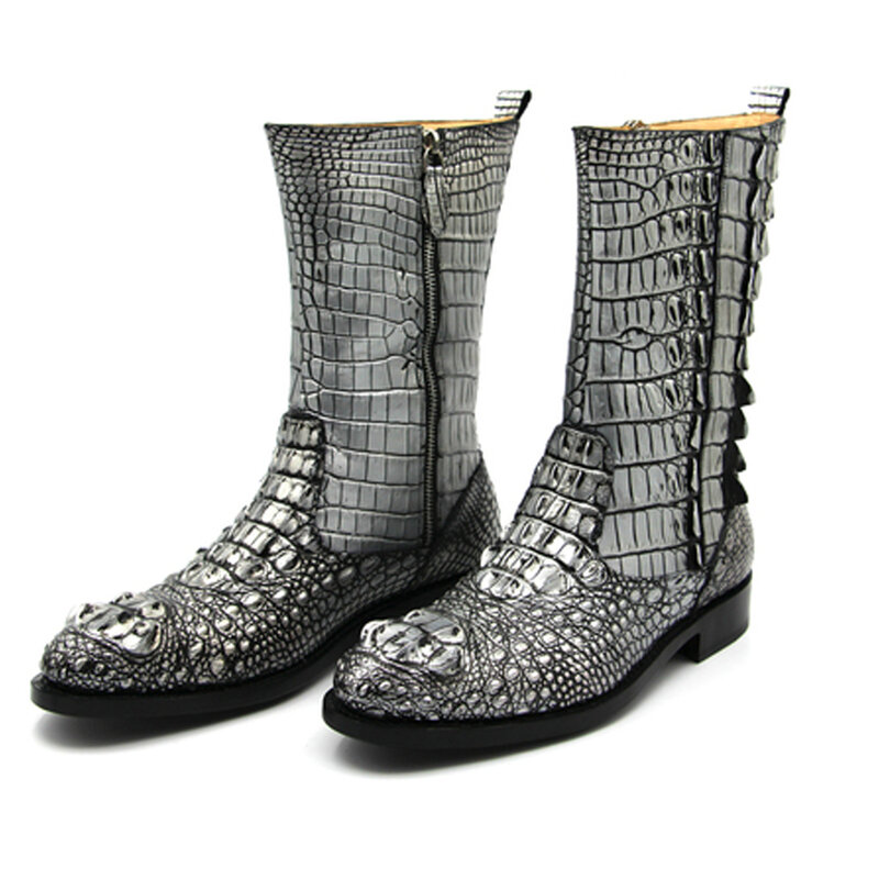 Hulangzhishi-男性用の模造クロコダイルブーツ,ミディアムシリンダーのブーツ,快適な靴,手動,冬用
