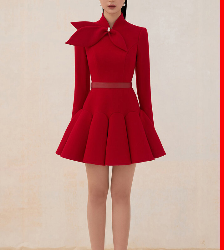 Tailor shop vestido de lana rojo claro Retro delgado para mujer, Vestido ligero de lujo, vestidos semiformales