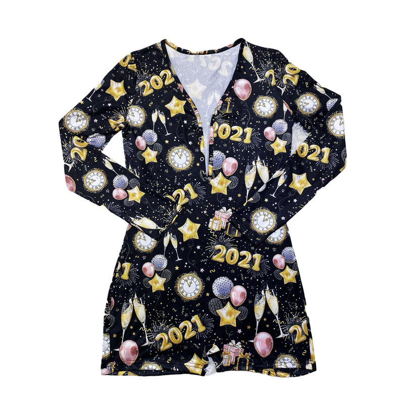 2021ใหม่ผู้หญิงPlaysuit Vคอสูงเอวรูปแบบตัวอักษรปุ่มพิมพ์Romper One-Pieceใหม่ปีบ้านเสื้อผ้า