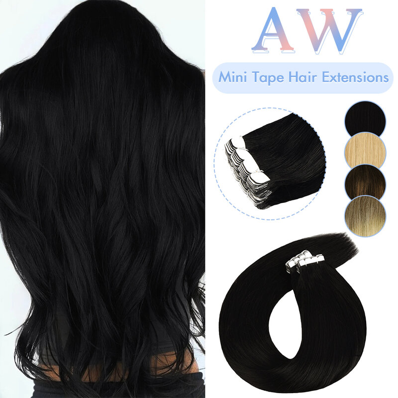 AW Mini лента в 100% человеческих волосах, невидимая прямая черная светлая натуральная лента, волосы из кожи, клей для салона, не Реми