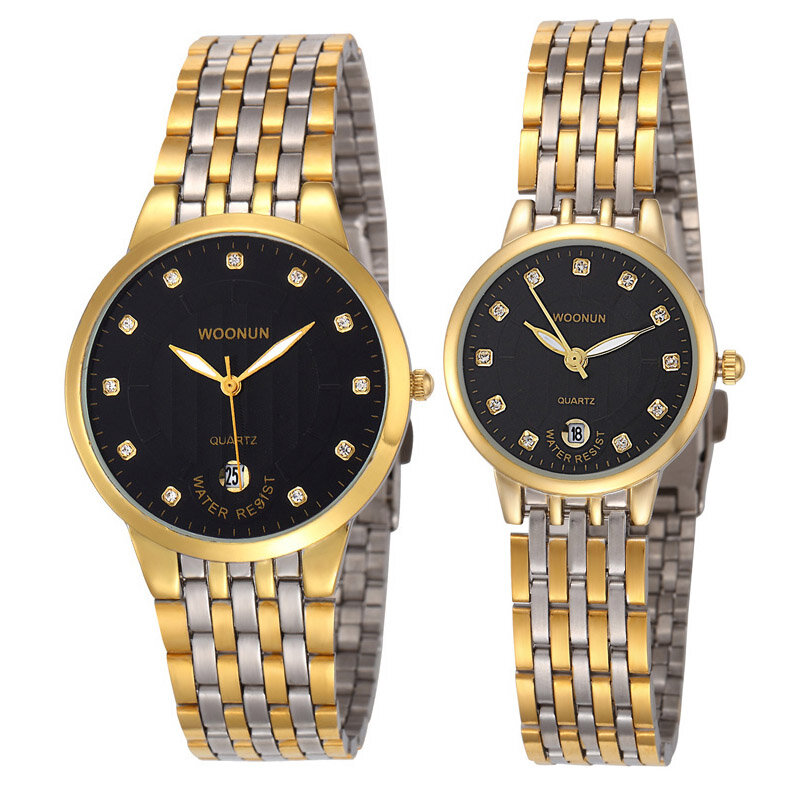 2023 Top Merk Luxe Paar Horloges Woonun Fashion Lover Paar Horloge Set Mannen Vrouwen Ultra Dunne Gouden Roestvrij Staal Quartz-Horloge