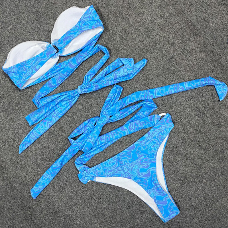 Bikini Bandeau con estampado envolvente para mujer, traje de baño femenino de dos piezas, conjunto de Bikini brasileño, ropa de baño 2024