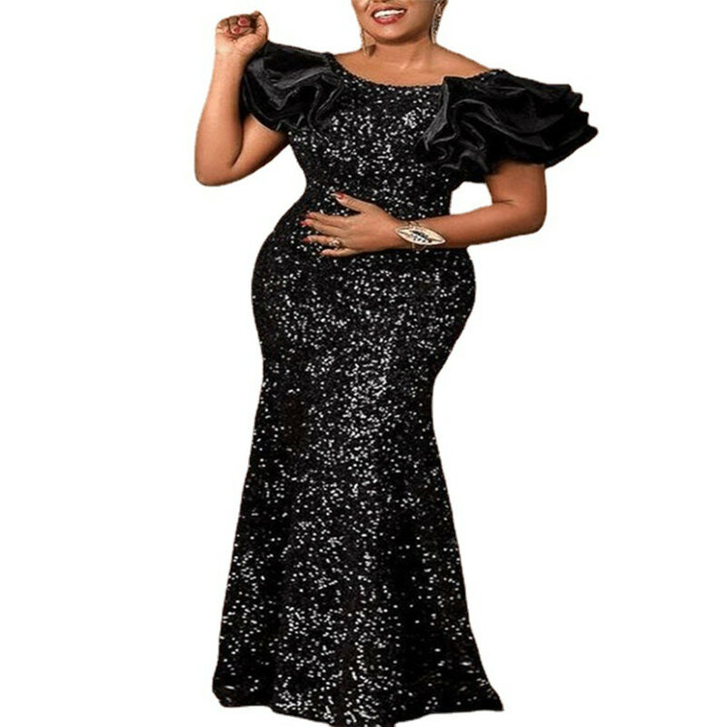 Afrikaanse Jurken Voor Vrouwen 2023 Plus Size Sequin Avond Party Maxi Lange Jurk Zwart Bruiloft Diner Gown Robe Africaine Femme