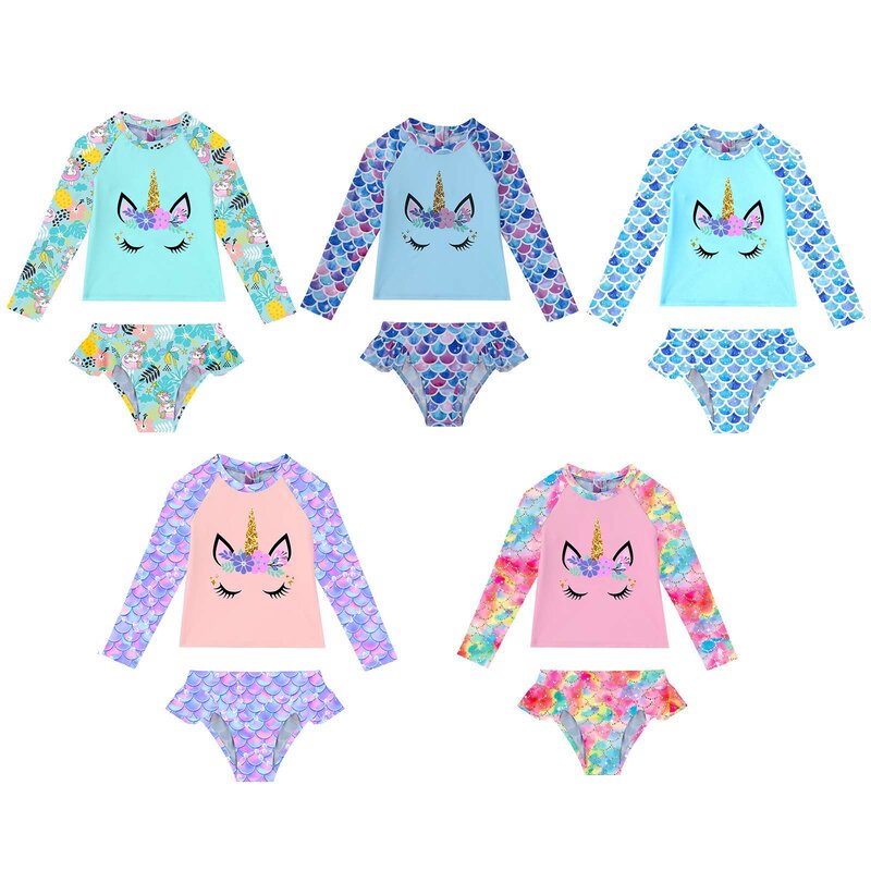 TiaoBug 2Pcs Kids Girls Fish Scales Print Swimming Suit Round Neck Long Sleeves Cartoon Horse Print Tops And Briefs Set Swimwear