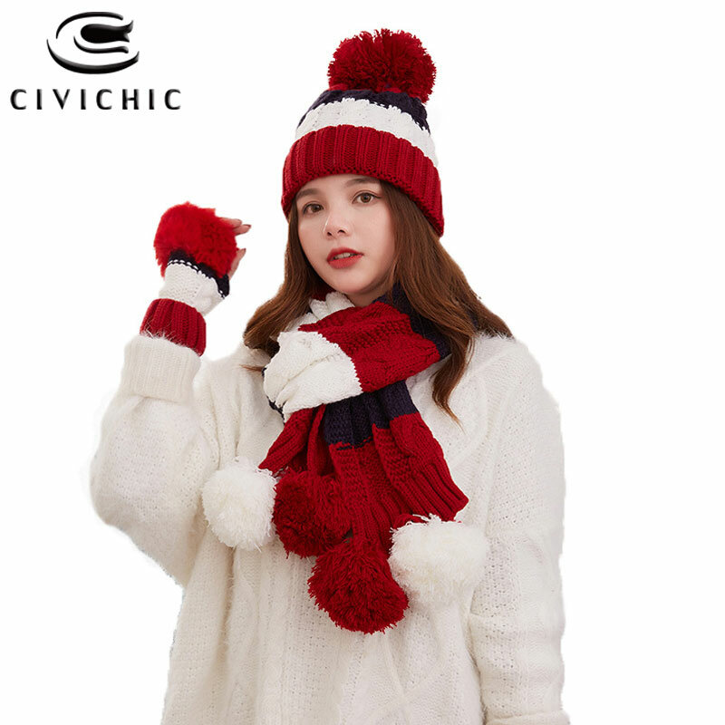 Civi세련된 한국 스타일 겨울 컬러 니트 따뜻한 스카프 모자 장갑 3 피스 세트 우아한 크로셰 뜨개질 두꺼운 모자 트위스트 목도리 SH124