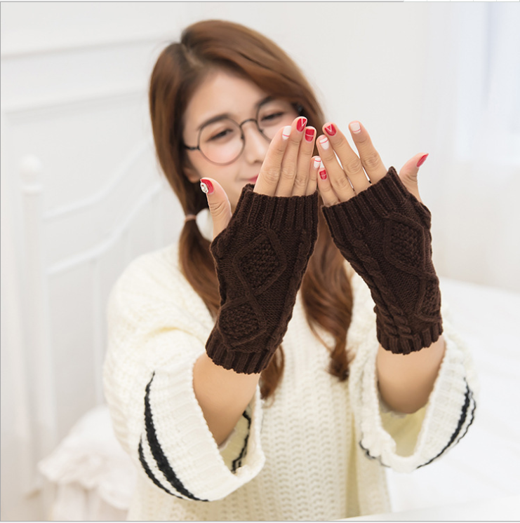 Autumn and winter diamond Half Finger Gloves women's warm short sleeve set wool knitting Korean couple