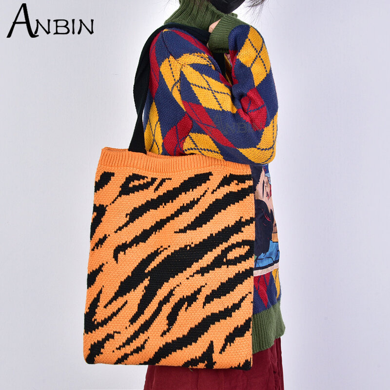 Bolsa de ombro feminina de lã de tricô padrão de leopardo grande capacidade tote moda estudante bolsa de compras
