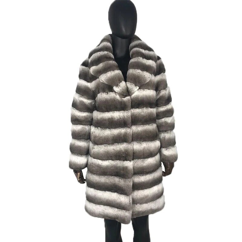 Chaqueta de piel de Chinchilla con cuello de muesca, abrigo medio largo, Parka, belleza elegante, moda cálida