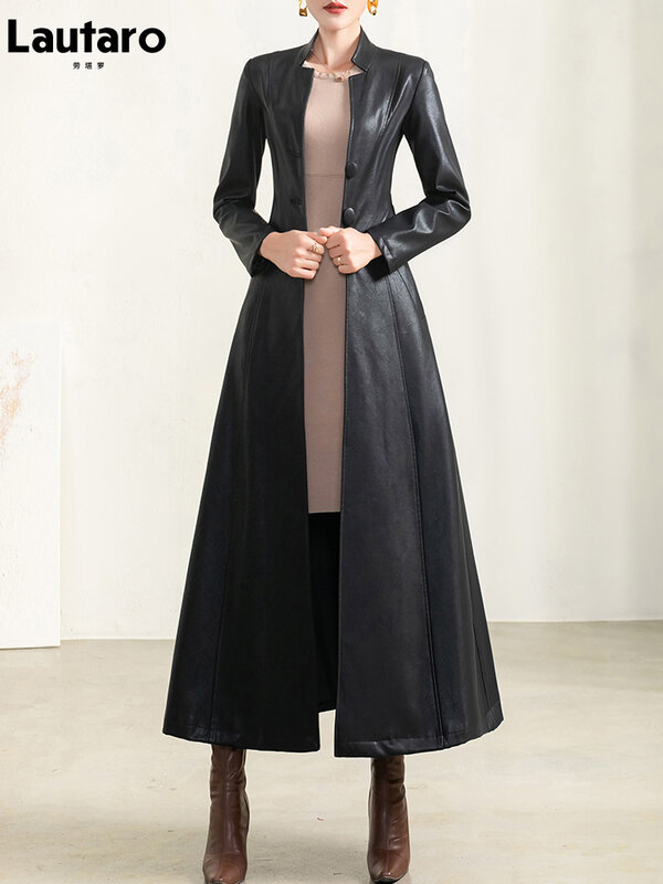 Lautaro-casaco de couro sintético impermeável para mulheres, manga comprida, cinto de peito único, preto, macio, moda luxuosa, primavera, outono, 2022
