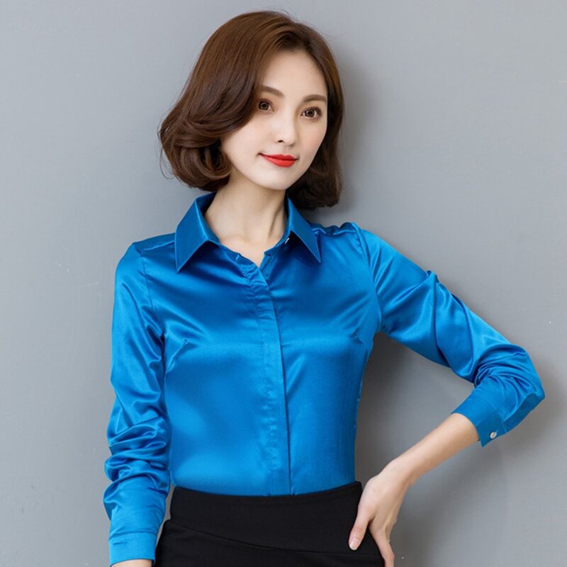 Camisa de seda de cetim stinlicher, camisa feminina manga longa elegante trabalho fashion coreana branca azul e preta