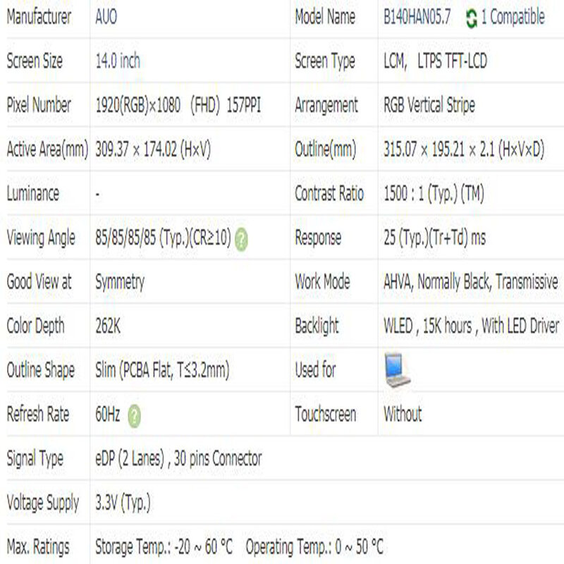 Pantalla LCD FRU 01YN154 B140HAN05.7 para portátil Lenovo X1 de 8. ª generación, 14,0 pulgadas, 1920x1080IPS, FHD, 30 Pines, EDP