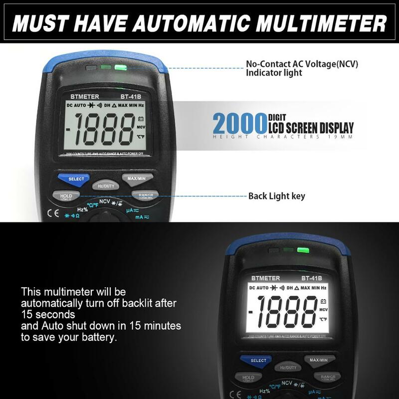 BTMETER-multímetro Digital de BT-41B, TRMS, 6000 recuentos de Corriente CA/CC, voltaje, ohmios, capacitancia, temperatura, probador NCV