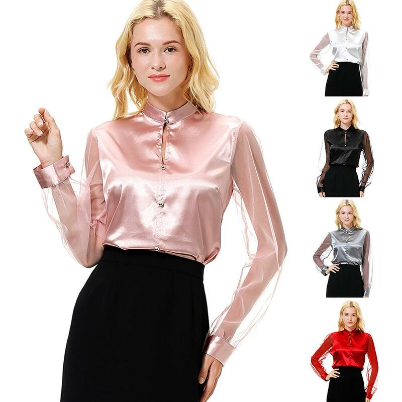 Kobiety Business Casual długi rękaw koszula sztuczny jedwab długa siatka rękaw koszula na guziki praca biuro bluzka Top