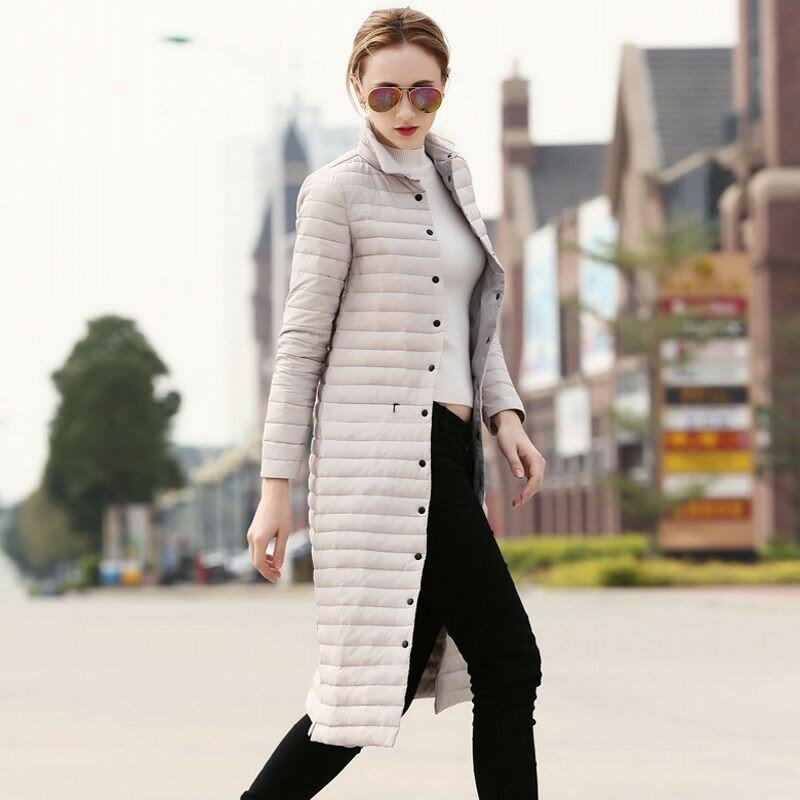 New Fashion Solide Puffer Jacke Frauen Dicke Warme Stehkragen Leichte Lange Weiße Ente Unten Mantel Weibliche Winter