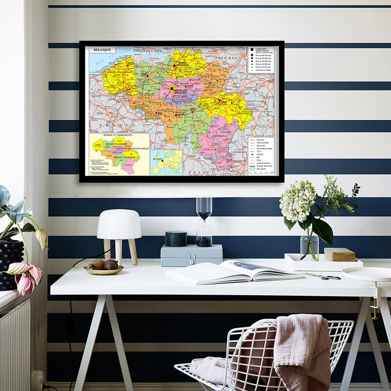 Mapa de transporte de Bélgica con detalles en francés, póster artístico de pared, lienzo, pintura, decoración del hogar, suministros escolares, 90x60cm