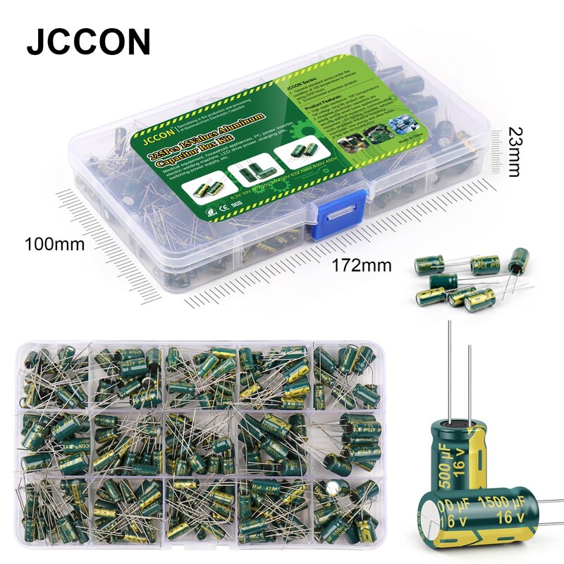 JCCON-Conjunto de Capacitores Eletrolíticos de Alumínio, Kit de Armazenamento Sortido, Capacitores, 15 Valores, 16V-50V, 1uF-470uF, Baixo ESR, 225 Unidades por Caixa