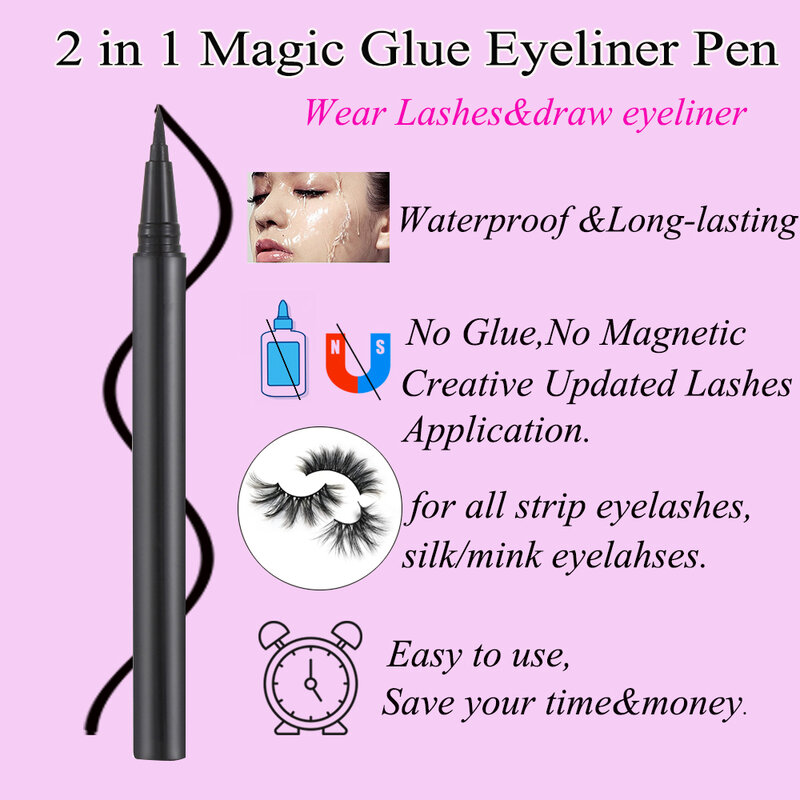 3 in 1 Self-adhesive Eyeliner Magic Lash Glue Eyeliner Pen No Glue Magnetic Needed Waterproof Long-lasting Fast Dry Eye Makeup