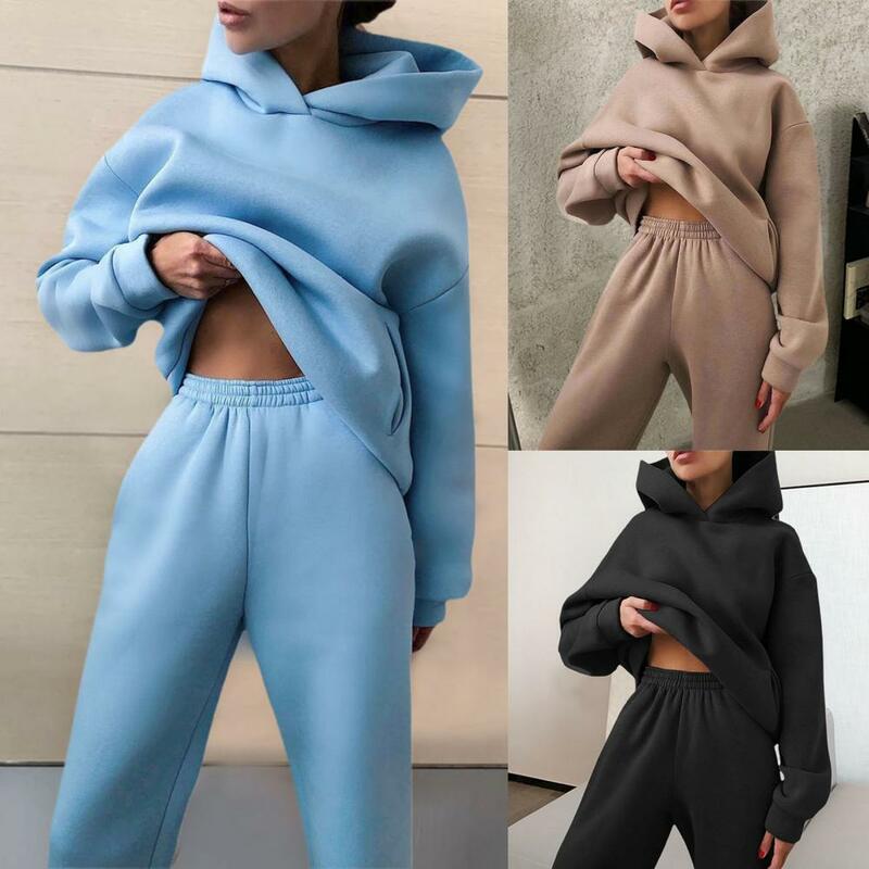 Women's Tracksuit Long Sleeve Sweatshirt Warm Solid Color Hoodie Pants Outfit for Autumn Winter 2 Piece Set Sport Suit Oversized