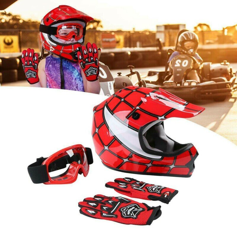 Motorcycle DOT Youth Kids Helmet Red Net Motocross Off-Road Helmet Goggles+Gloves gifts Kids Cycling casco moto Sports Safety