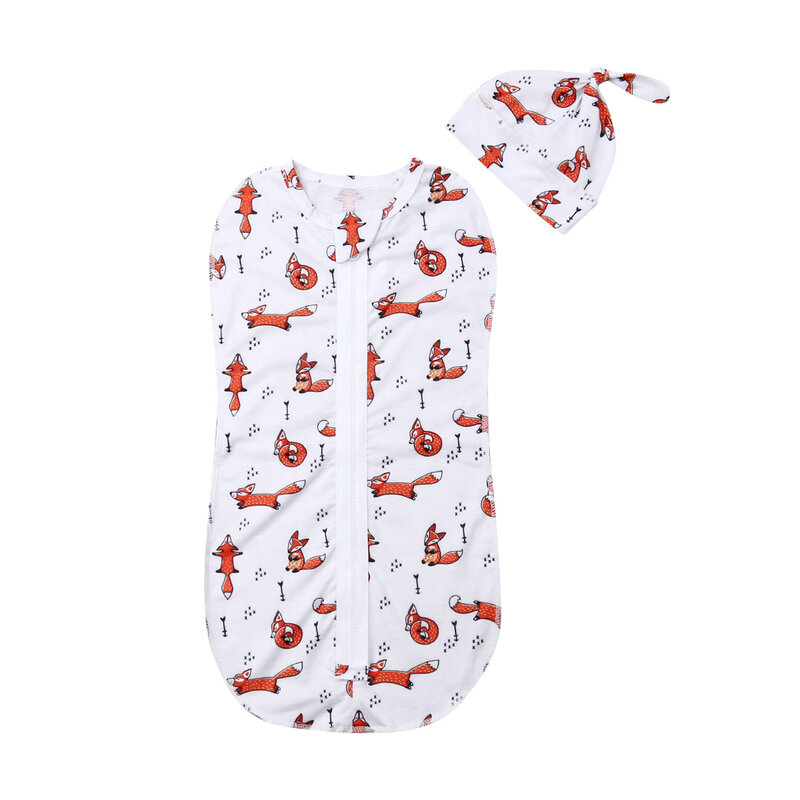 2PCS Soft Baby Swaddle Muslin Blanket Cute Animal Printed Newborn Infant Baby Sleeping Bags Zipper Wrap Swaddling Blanket+Hats
