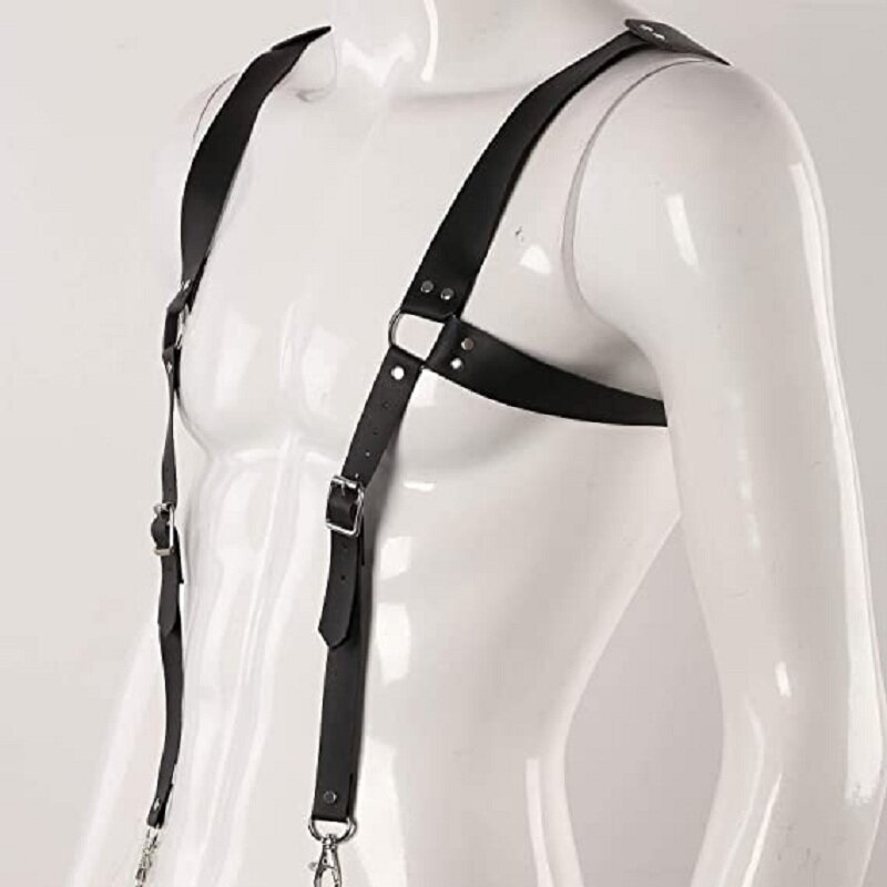 Moda męska H-tylna obudowa z PU skórzany pończoch regulowany klips i staje w sytuacji sam na sam Punk w klatce piersiowej pasek na ramię Suspensorio akcesoria odzieżowe