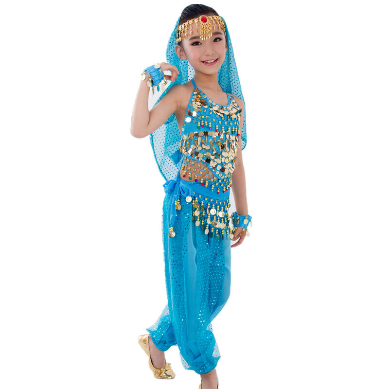 Kostum Tari Perut Anak-anak Karnaval Mesir Setelan Sabuk Anak Pakaian Menari India Anak Perempuan Set Kain Tari Perut Pertunjukan Bollywood