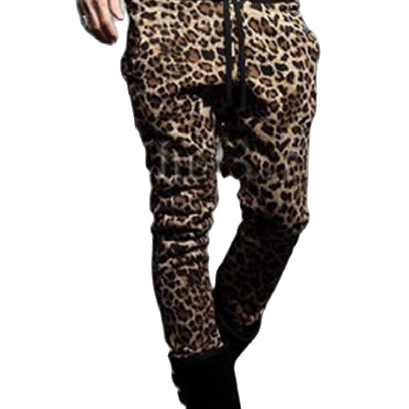 Celana Panjang Pria Mode Musim Semi dan Gugur Celana Ramping Celana Motif Macan Tutul Kepribadian Celana Olahraga Pria Ukuran Besar Jalanan Hip Hop