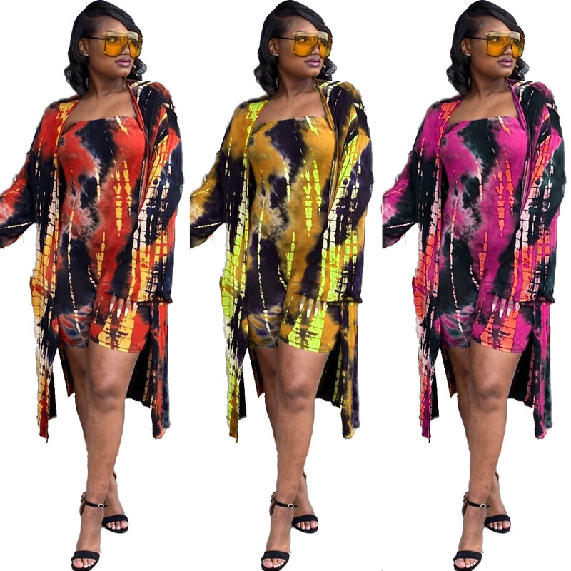 CQ035 2021 European and American sexy women's clothing plus size women's cloak, chest-wrapped tie-dye two-piece suit