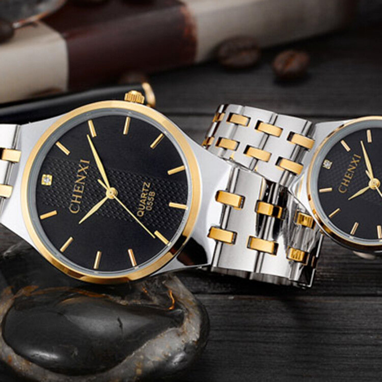 Chenxi pulseira de aço ultrafina, relógio masculino de ouro para amantes