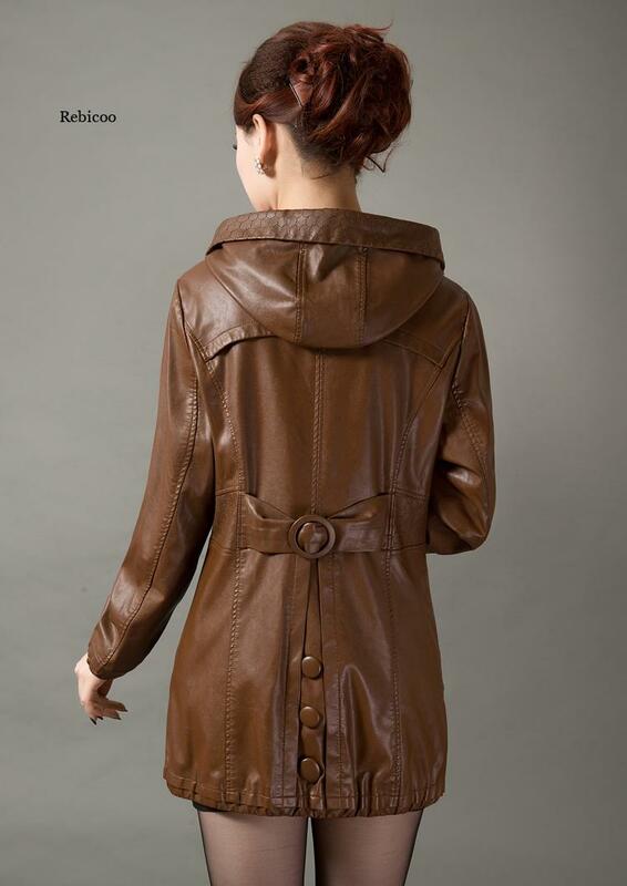 Jaket kulit panjang wanita, pakaian luar jaket kulit gaya ramping musim semi baru untuk perempuan