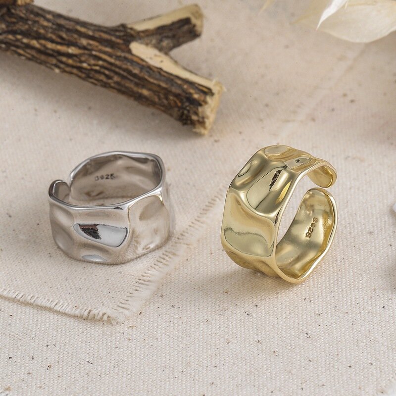 Cincin Perak Murni 925 untuk Wanita Cincin Terbuka Jari Cantik Perhiasan Warna Emas Benturan Trendi untuk Hadiah Ulang Tahun Pesta