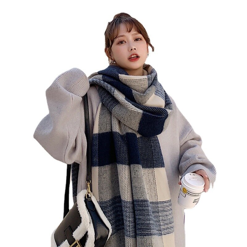 Bufanda de Cachemira cálida a cuadros azul para mujer, chal de moda coreana que combina con todo, bufandas largas y gruesas para invierno