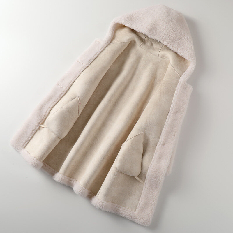 Cappotto in vera pelliccia cappotti in lana naturale da donna di alta qualità con cappuccio spesso caldo elegante sciolto capispalla lungo per donna