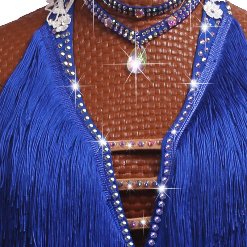 Gaun dansa Latin rok kostum kompetisi gaun pentas berlian imitasi ukuran kustom bordir rumbai biru mewah
