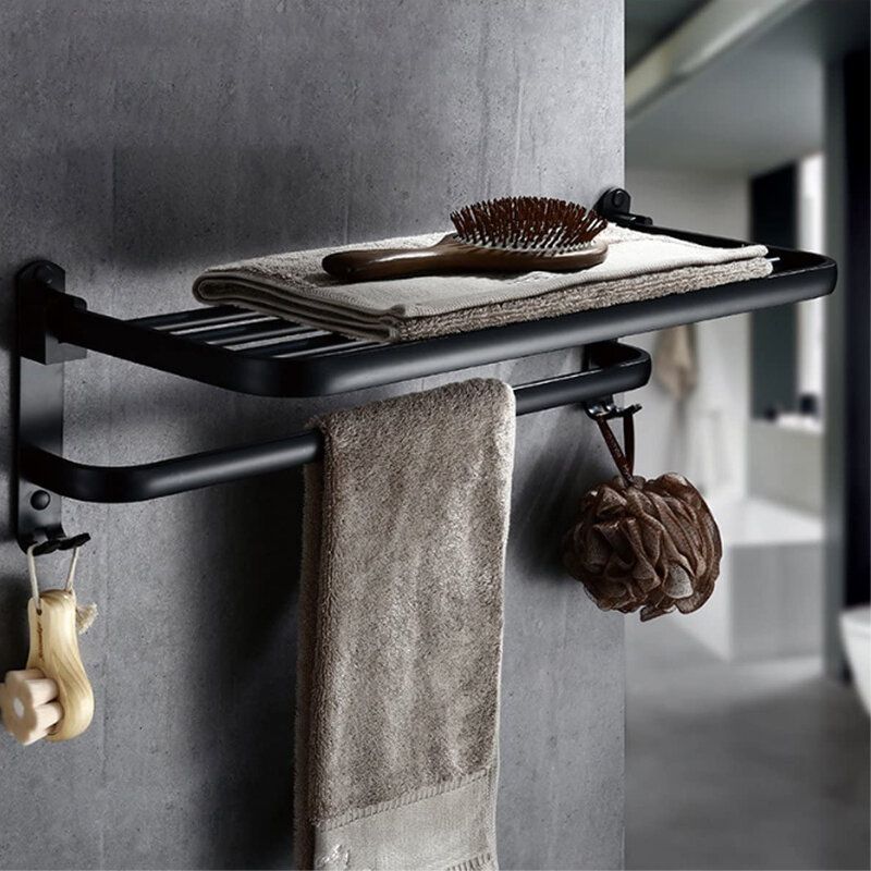 Toallero de baño de doble soporte, organizador de aluminio, colgador montado en la pared, plegable, negro mate, accesorios de baño