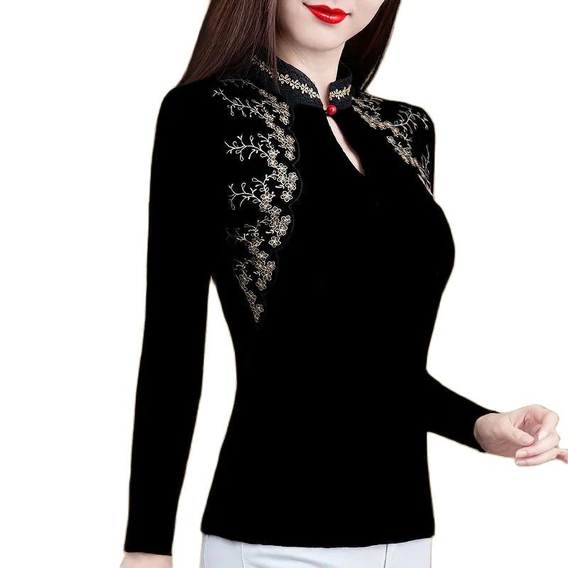 Petite chemise en velours pour femme, avec broderie épaisse, en fil de dentelle, mode automne hiver, 5XL