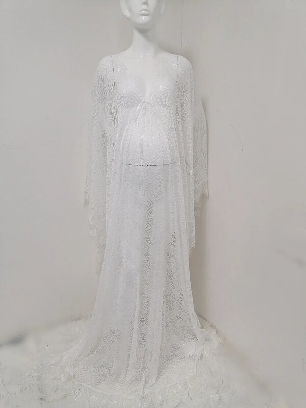 Nowy czysty biały seksowny dekolt w serek rozkloszowany rękaw koronki luźne sukienki na sesja zdjęciowa fotografia rekwizyty Maxi sukienka