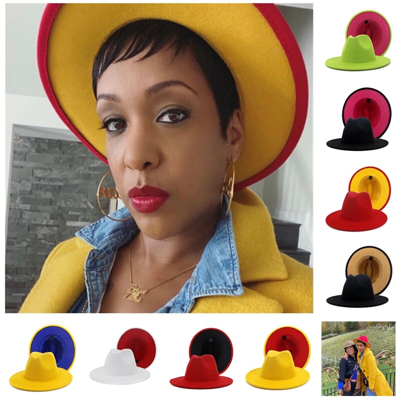 Fudorasジャズ帽子カウボーイハット女性と男性用の両面カラーキャップ赤と黒のウールの弓の帽子卸売