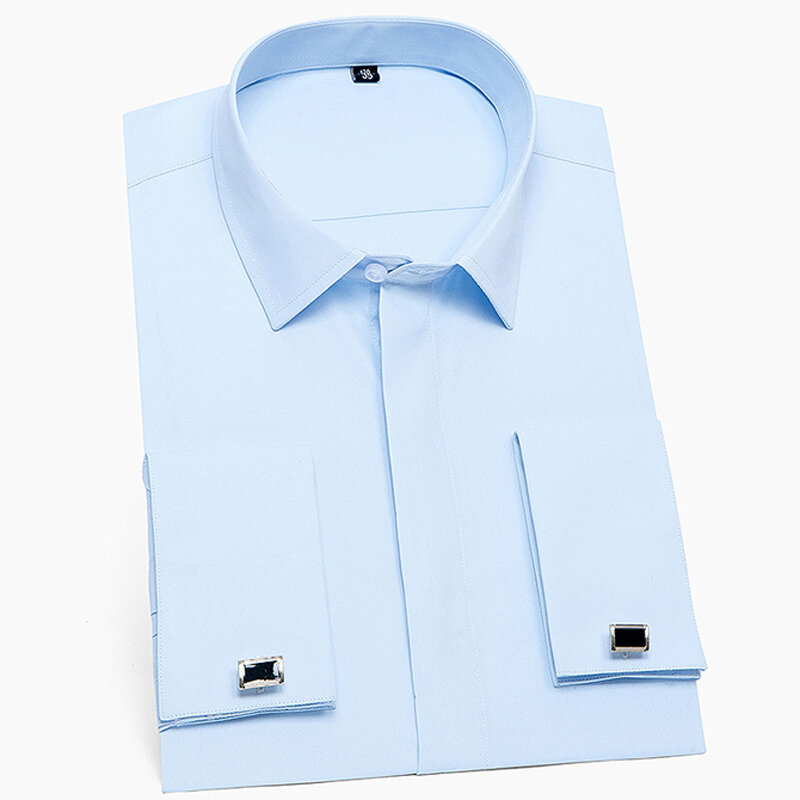 Мужская классическая деловая рубашка, однотонная деловая рубашка с длинными рукавами и французскими манжетами, со скрытыми пуговицами, с запонками