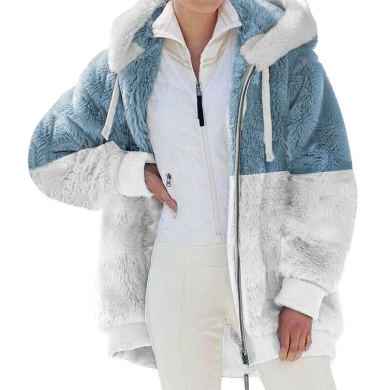 Jaqueta feminina com capuz de lã com zíper, casaco de pelúcia sintética, cor patchwork, quente e espesso, outono, inverno, 2022