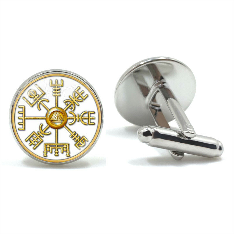 Nordic Vikings Compass Runes Men's Cufflinks High Quality Silver Color Glass Cabochon Shirt Suit Cuff Links Husband Gift