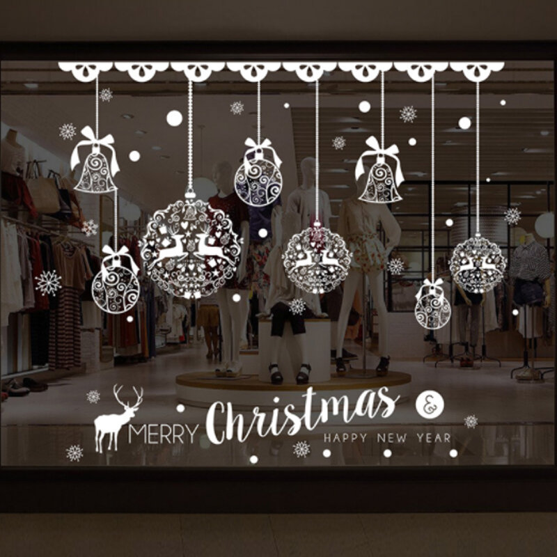 Рождественская Наклейка на стену, домашний декор, украшение для окон, висящий колокольчик, снежинка, олень, обои