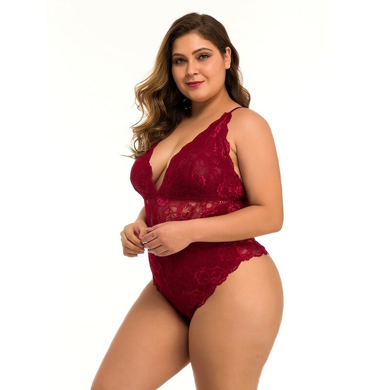 Plus Size Lace Strappy Bodysuit Sexy Backless Jumpsuit Female Body Mesh Sheer Lace Cut-Out Teddy Push Up Bodysuits Babydoll #W