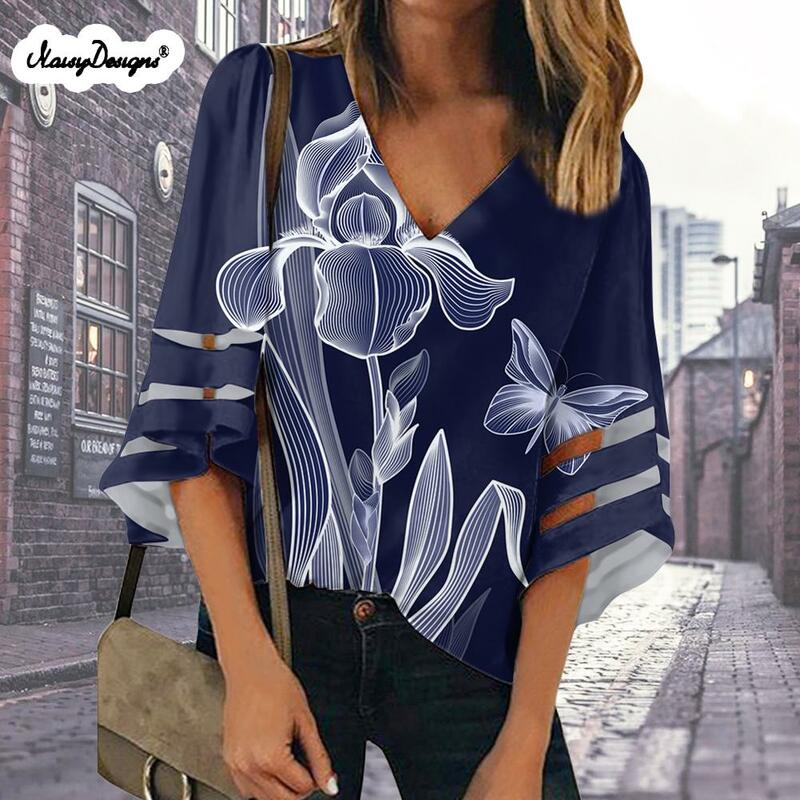 NOISYDESIGNS Blouses Beach Long Cutout Sleeve Office Shirt for ladies Loose V Neck Tops Blouse Women Flowers Print Clothing